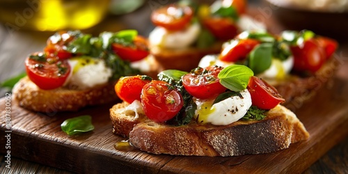 Italian bruschetta with cherry tomatoes, mozzarella, basil, and olive oil on rustic bread. Bold red, green and white food styling celebrating fresh Mediterranean flavor.