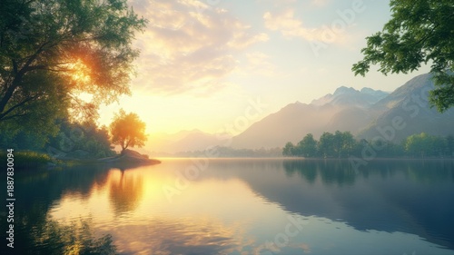 Wallpaper Mural Serene Lake at Golden Sunset with Mountain Reflections lake sunset serene nature landscape water sky Torontodigital.ca