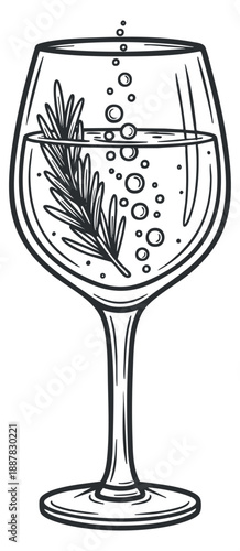 A glass of sparkling water with a mint leaf garnish in a minimalist outline vector style, ideal for beverage branding