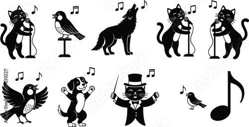 Funny singing animal silhouettes vector set featuring cats dogs birds and wolf performing music with microphones isolated on white background
