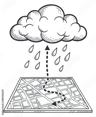 A cloud raining over a detailed map with directional arrows in a black and white outline vector style, ideal for travel and navigation themes