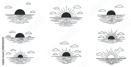 A collection of six minimalist sunset and sunrise illustrations over the ocean in black and white vector style, suitable for nature-themed designs