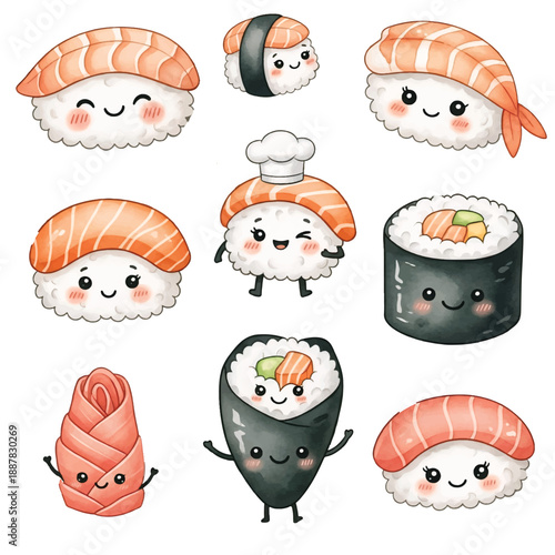 Cute cartoon sushi icon set with fun smiling characters for kids