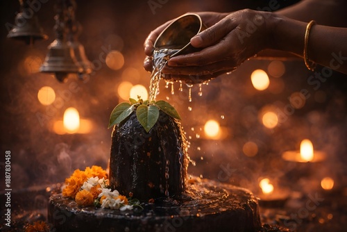 Close-up of hands offering water on Shiva Lingam, bel leaves and flowers, diya flames in background bokeh, temple bells, soft warm light, devotional mood, shallow depth of field, high detail photograp