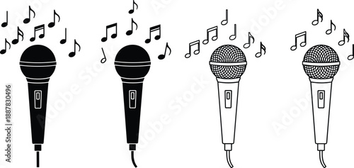 Microphone vector illustration set, black silhouettes and line art icons with musical notes for karaoke concept isolated on white background