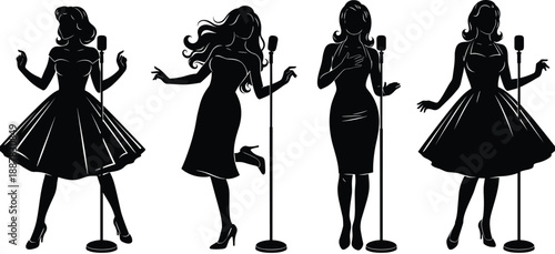 Retro female singer silhouettes vector illustration set, elegant women in vintage dresses singing with microphones isolated on white background