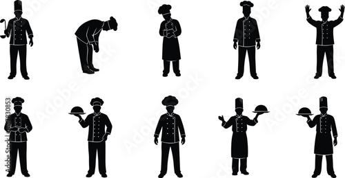 Professional restaurant chef silhouettes vector set featuring men in uniform holding serving dishes and ladles for kitchen menu design