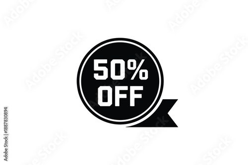 Black circular sign displaying 50 off with a tail element