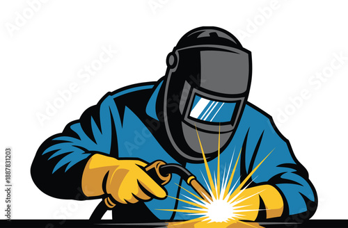 Retro welder vector, skilled worker operating welding torch with bright sparks, industrial workshop and fabrication theme, vintage style illustration