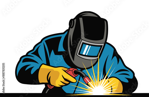 Retro welder vector, skilled worker operating welding torch with bright sparks, industrial workshop and fabrication theme, vintage style illustration