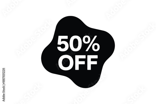 Black blob shape displaying a fifty percent off sale promotion