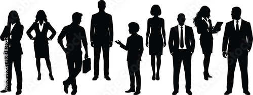 Professional, business, people, silhouettes, collection, including, diverse, corporate, executives, and, office, workers, standing, in, various, poses, isolated, on, white, background, set