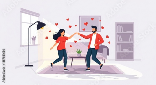Couple dancing in living room with hearts around them happily