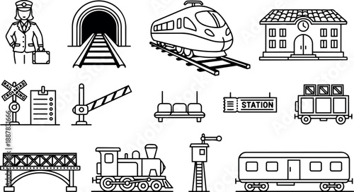 Line art railway icon set showing train, tunnel, station, conductor with suitcase, bridge and carriages in clean outline minimalist black