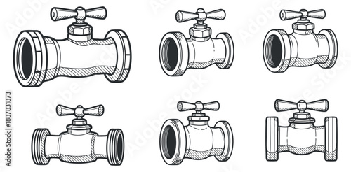 A collection of various plumbing valve illustrations in detailed outline vector style, suitable for technical design and engineering projects