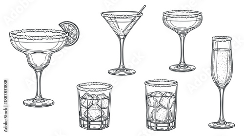 A collection of various cocktail glasses including margarita, martini, champagne, and others in black and white outline style, perfect for bar menus and drink promotions
