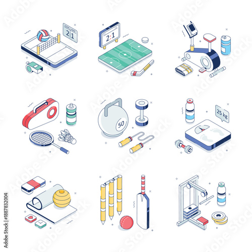 Grab this amazing isometric illustrations set of sports and fitness equipment