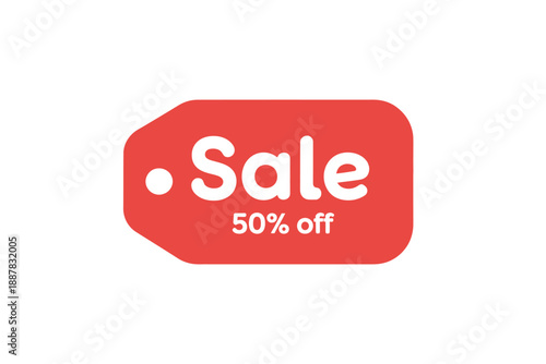 A red sale tag displaying a fifty percent discount offer