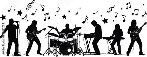 Silhouette of rock band musicians performing on stage with musical notes and stars vector illustration isolated on white background.