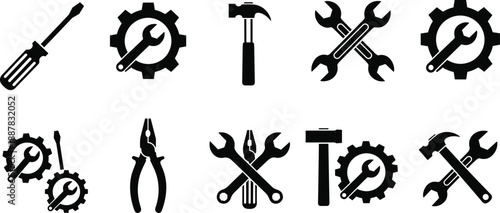 tool, gear, icon, silhouette, mechanical, symbol, repair, maintenance, black, white, illustration, vector, design, construction, engineering, wrench, screwdriver, hammer, plier, service
