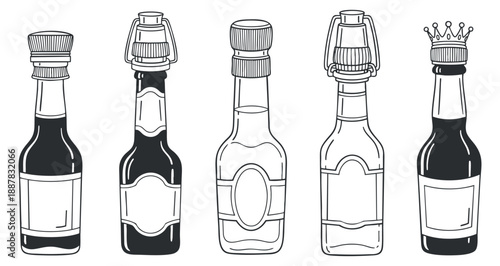 A set of five different bottle illustrations in black and white outline vector style, suitable for beverage branding and packaging