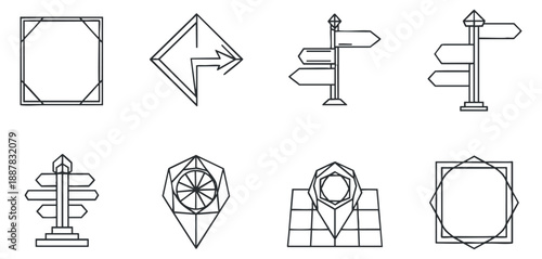 A collection of directional signs and symbols in clean black and white outline vector style, suitable for navigation and wayfinding designs