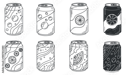 A collection of eight beverage cans featuring various fruit patterns in black and white outline vector style, ideal for drink packaging design