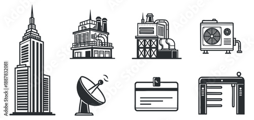 A collection of industrial and urban icons including skyscrapers, factories, and satellite dishes in minimalist black and white vector style, suitable for technology and engineering projects
