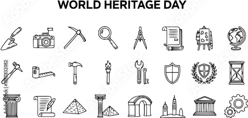 World Heritage Day Black Line Art Icons Set. Hand-drawn Archaeology, History, Culture, and Preservation Symbols with Tools, Monuments, and Landmarks.