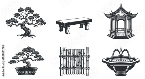 A collection of ornamental elements including a bonsai tree, pagoda, bamboo, and water fountain in black and white vector style, perfect for garden design and landscaping projects