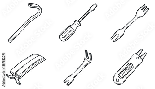 A collection of various hand tools including a crowbar, wrench, fork, and utility knife in black and white outline vector style, suitable for DIY and repair projects