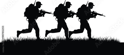 Three black silhouette soldiers running with assault rifles and backpacks on grass field, isolated on white background for military design.