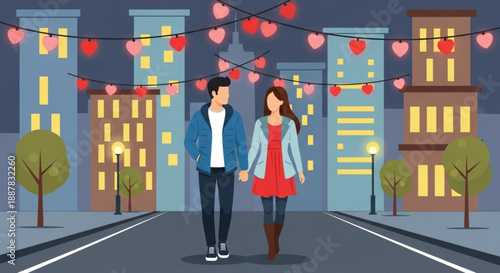 Young couple walking under heart lights on city street at night