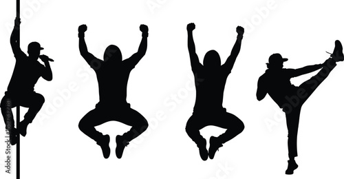 Energetic male silhouettes vector set featuring jumping men, martial arts kick and singer on pole isolated on white background