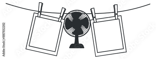 A minimalist illustration of a fan with hanging photographs on a clothesline in black and white vector style, ideal for home decor design