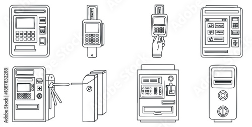 A collection of various ATM and payment machine illustrations in clean outline vector style, suitable for banking and financial services design