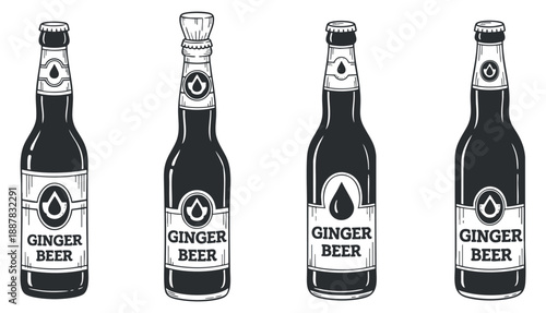 A set of four ginger beer bottles in black and white outline vector style, ideal for beverage branding and packaging