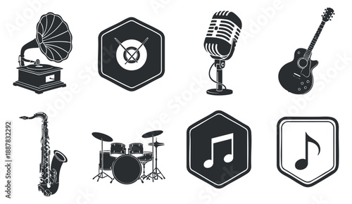A collection of musical instruments and icons including a gramophone, saxophone, microphone, guitar, and notes in a modern vector style, suitable for music-related projects