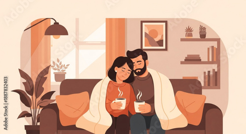 Couple sitting on couch with hot drinks and blankets at home