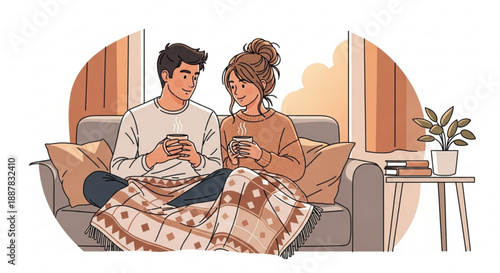 Couple relaxing on sofa with blankets and drinks at home