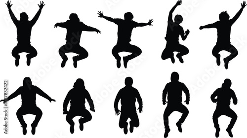 Happy men jumping silhouettes vector illustration set, energetic male figures leaping in air for freedom concept isolated on white background