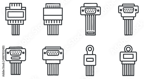 A collection of various electronic connectors and ports in minimalist outline vector style, ideal for technology-related designs