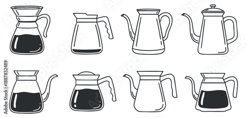 A collection of various coffee and tea pots in black and white outline vector style, suitable for cafe branding and kitchen designs