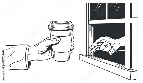 A hand holding a coffee cup reaching towards a window with another hand extending out in minimalist black and white vector style, ideal for food delivery and cafe branding