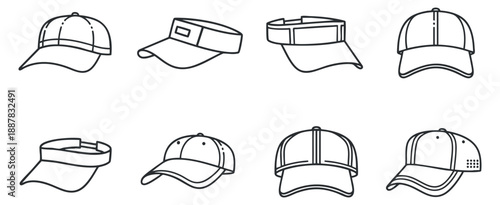 A collection of various cap styles including baseball caps, visors, and snapbacks in minimalist line art vector style, ideal for fashion and accessory designs