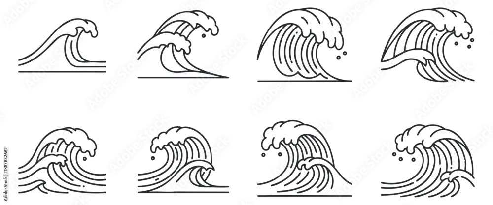 Obraz premium A collection of eight stylized wave icons in clean outline vector style, perfect for aquatic themes and coastal designs