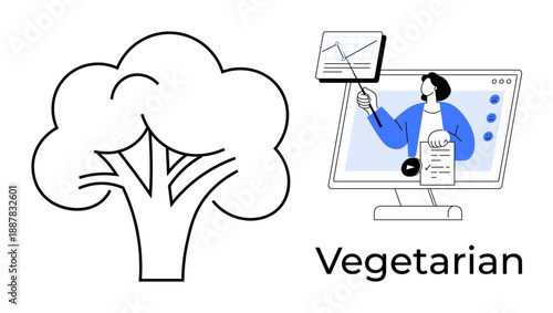 Vegetarian theme. Vegetarian focus with broccoli icon alongside a digital presentation and instructional visuals. Vegetarian lifestyle communication, education, and food promotion. For health