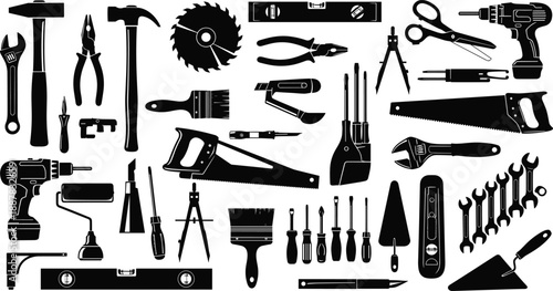tool, silhouette, icon, hand, power, mechanical, black, white, illustration, vector, design, symbol, construction, repair, carpentry, painting, electrical, maintenance, DIY, equipment