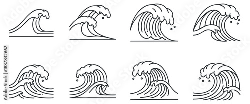 A collection of eight stylized wave icons in clean outline vector style, perfect for aquatic themes and coastal designs