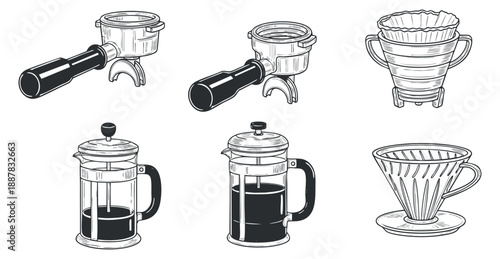 A collection of coffee brewing equipment including a French press, filter, and pour-over in black and white minimalist vector style, ideal for coffee shop branding and design